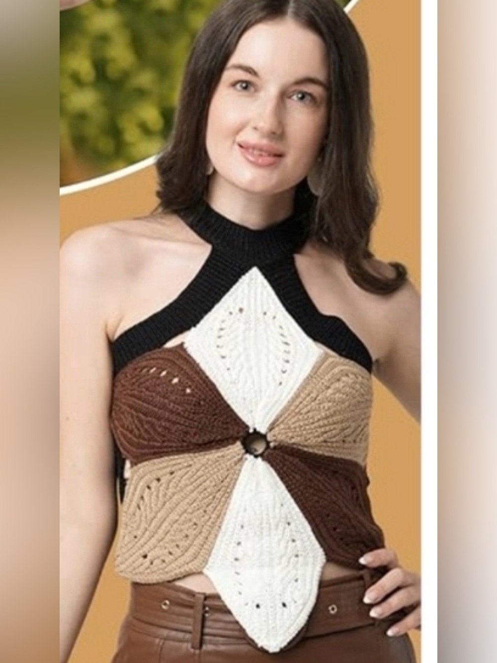 Novelle NWT Colorblock Crochet NEUTRAL COLORS flower shape Halter crop top
